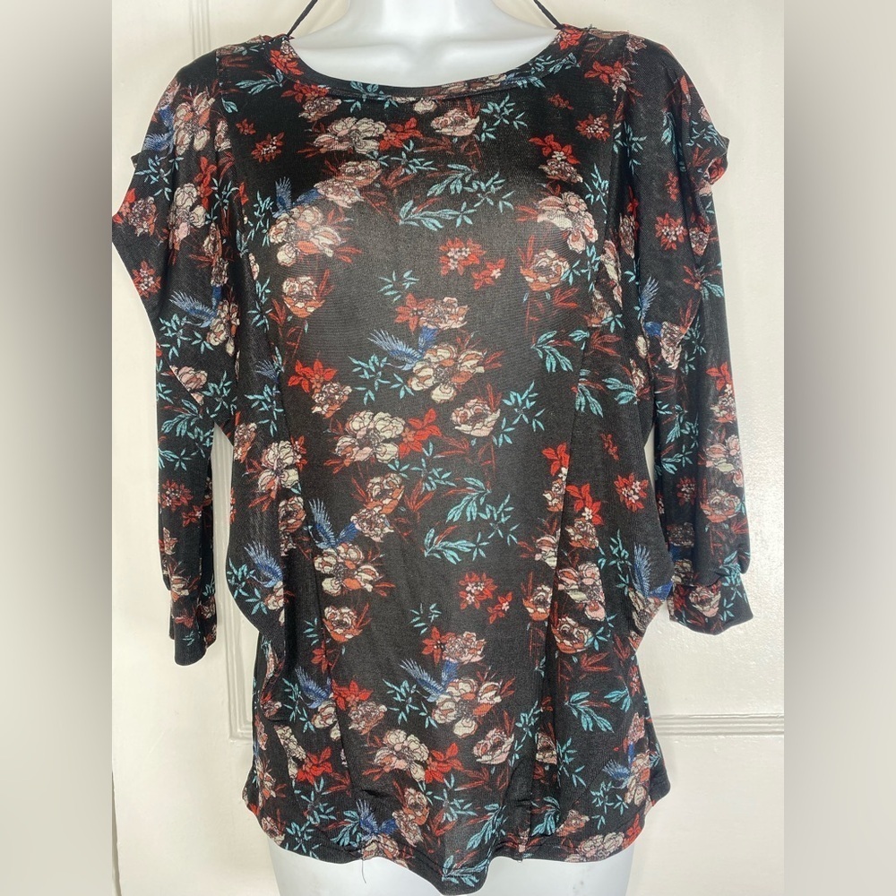 FREE PEOPLE Floral Dock Street Keyhole Black Women's Top